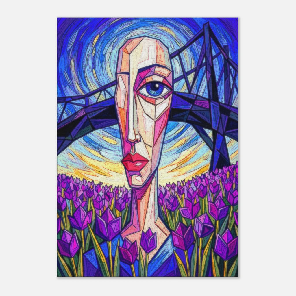 The Chaos of Purple neo-impressionist canvas art, abstract tulip with stained glass style in purple and yellow, 350 gsm matte canvas