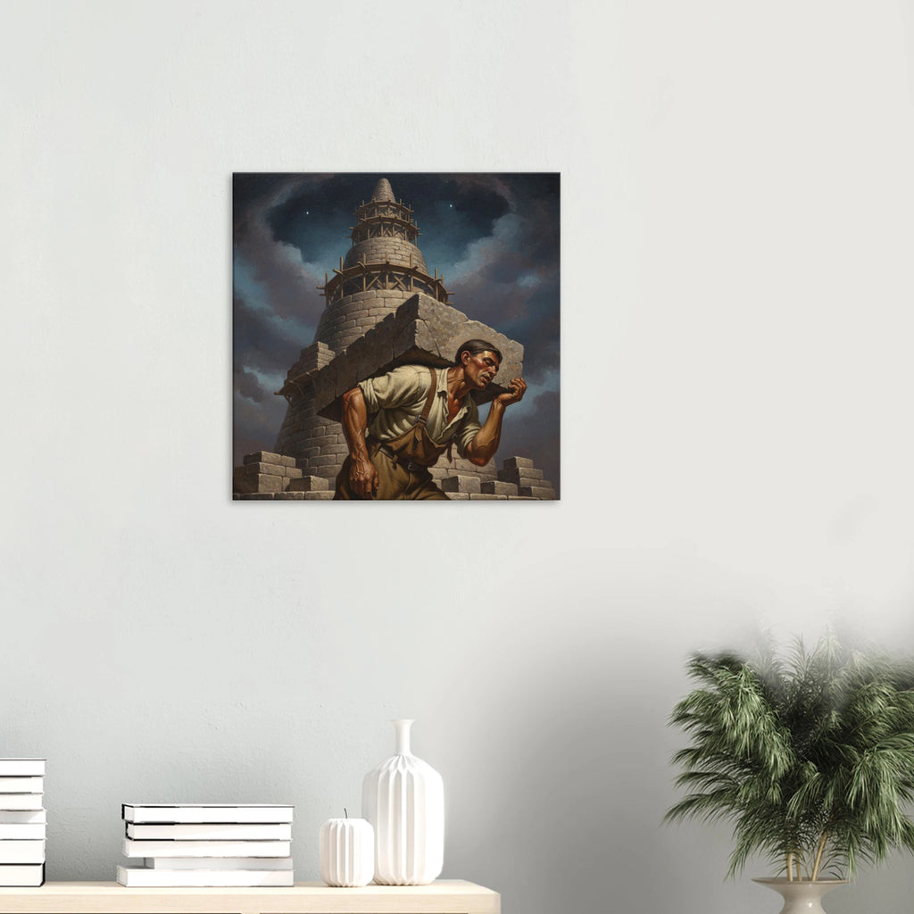 The Tower American Realism style canvas art, stark industrial tower against a cloudy sky, 350 gsm museum-quality matte canvas print. Hung on a white wall.