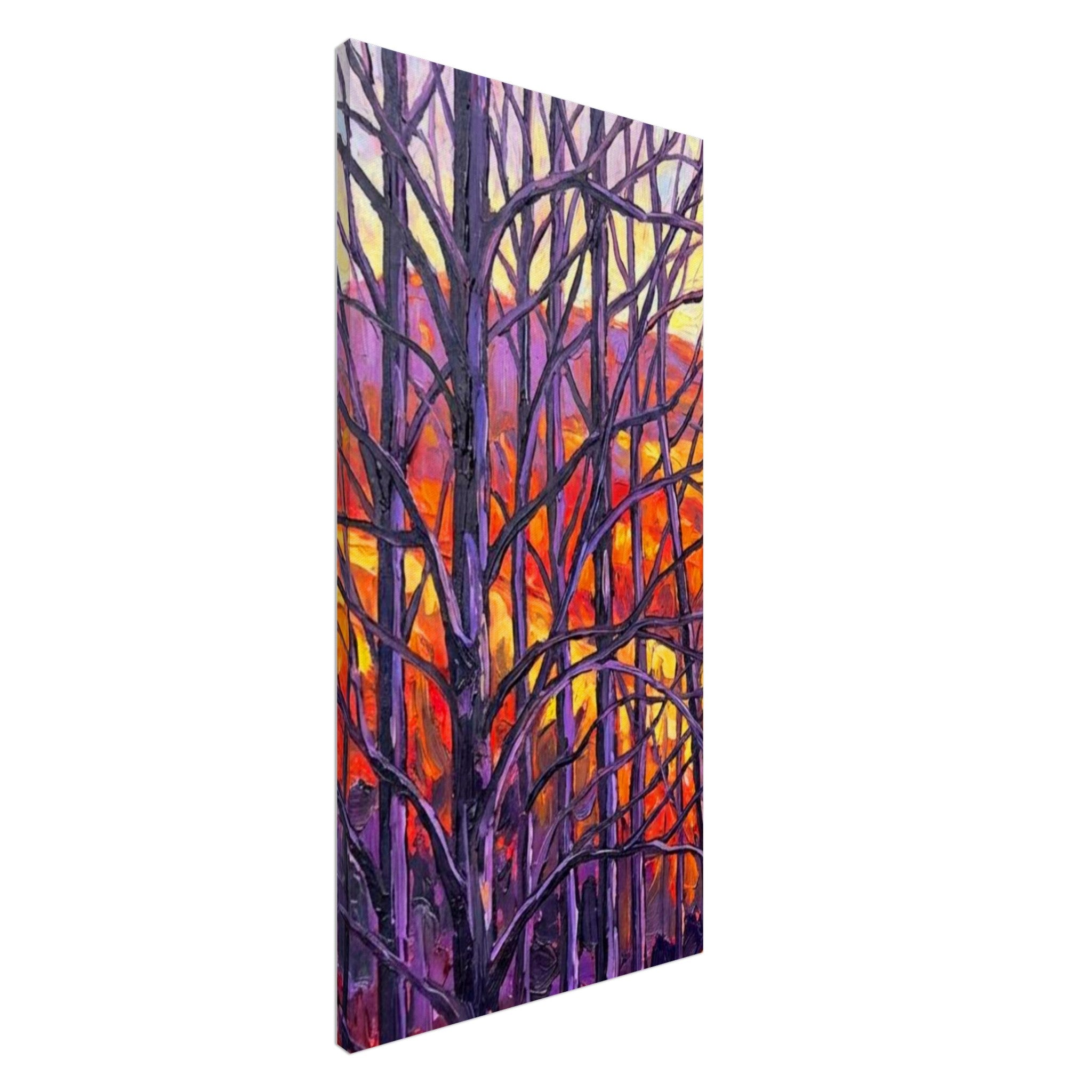 A section of a Triptych depicting bare trees against a colorful background