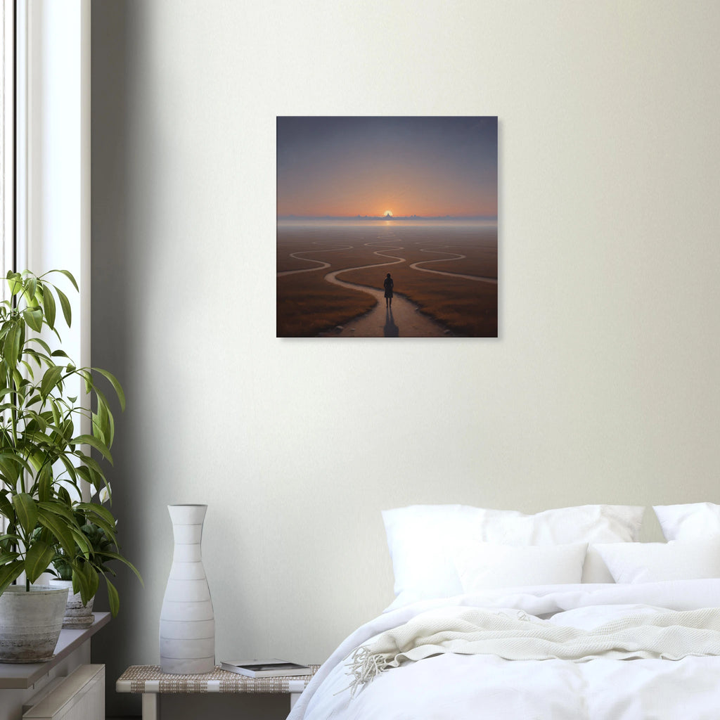 Hung over a nightstand The Winding of Roads sunset surrealism canvas art, winding path towards an impressionist horizon, 350 gsm archival matte canvas print.