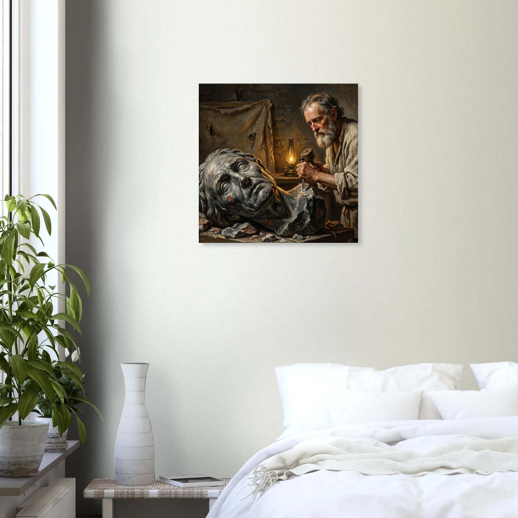 Hung over a bed with white covers Restored classic portrait style canvas art, master artist in a Renaissance studio with chiaroscuro lighting, 350 gsm archival matte canvas.