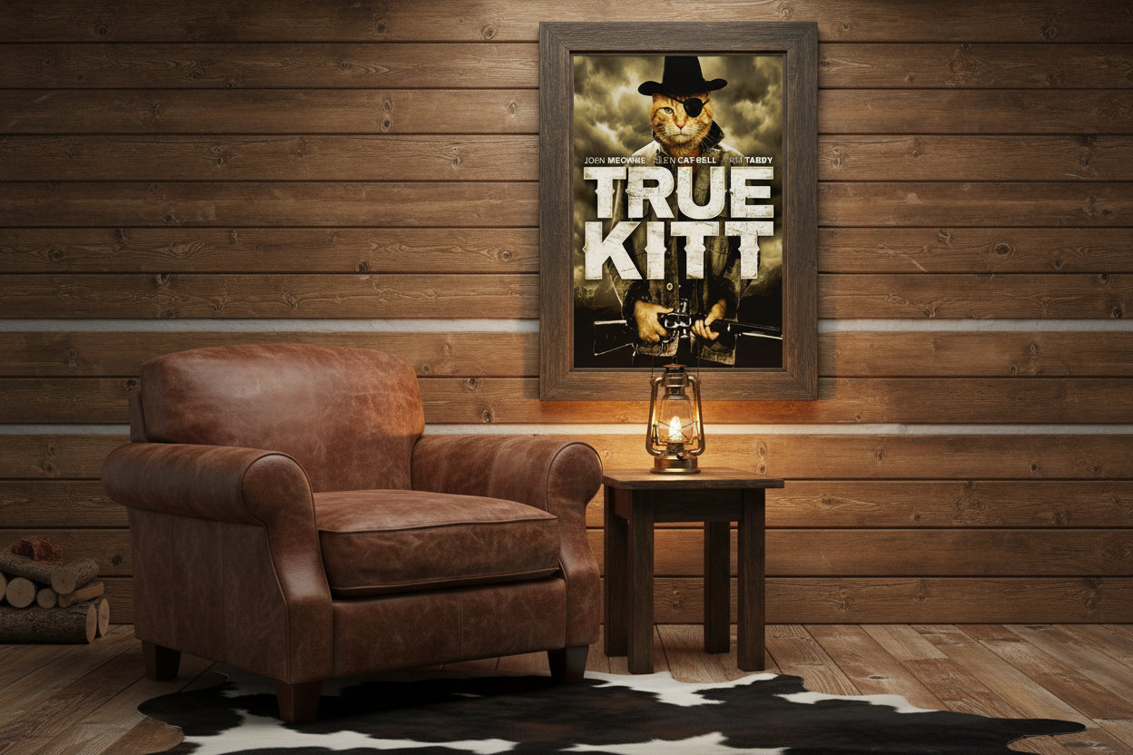 A cinematic movie poster parody titled 'True Kitt' featuring a rugged ginger tabby cat wearing a black cowboy hat and a black eye patch. The cat is shown in a close-up heroic pose against a vintage, textured parchment-style background. Based on the John Wayne Movie "True Grit" hung in a log cabin near a lantern.