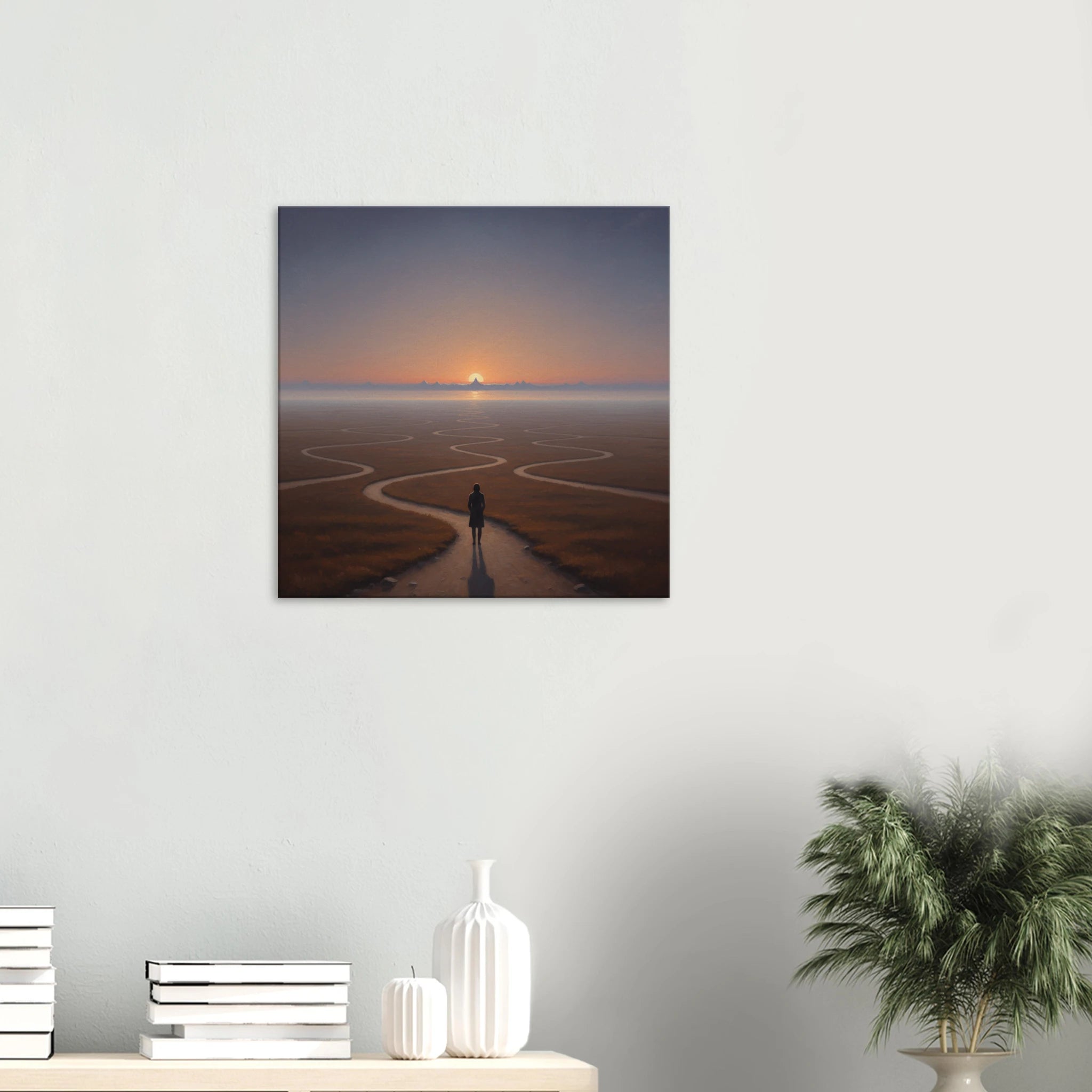Hung over a table with books The Winding of Roads sunset surrealism canvas art, winding path towards an impressionist horizon, 350 gsm archival matte canvas print.