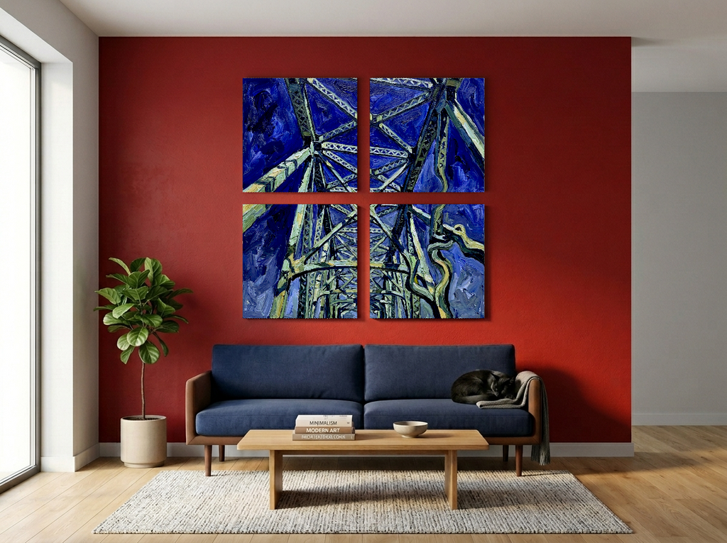 Modern living room with a red wall, blue sofa, and abstract painting.