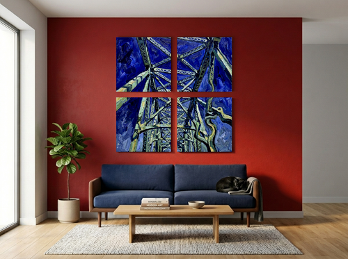 Modern living room with a red wall, blue sofa, and abstract painting.