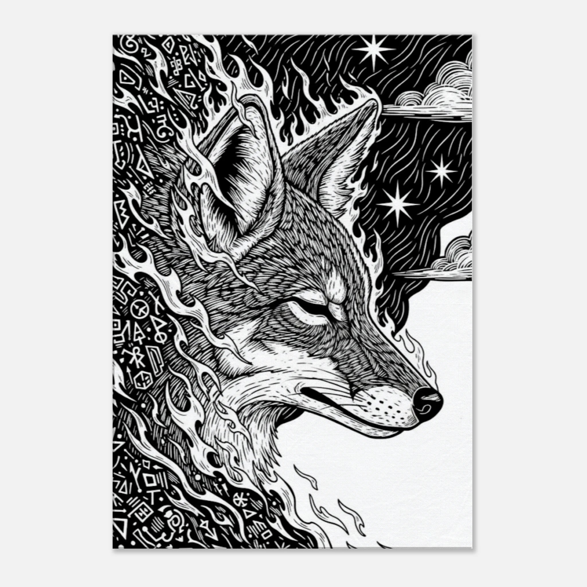 Coyote #3 folk art style canvas print, black and white coyote against a starlit night sky, 350 gsm museum-quality matte canvas wall art.