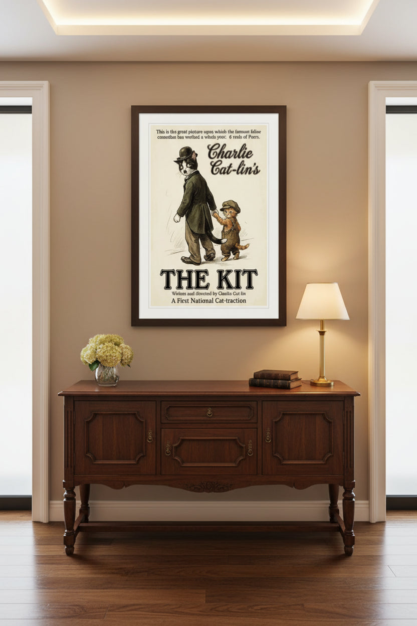 A Contemporary Cat meme movie poster "The Kit" hung over a brown hutch in a contemporary entryway.