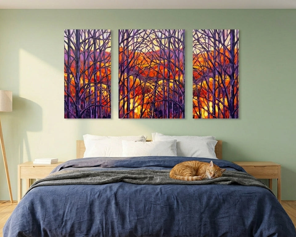 A Large 3 sectional Landscape art piece hangs over a bed in a bright airy bedroom setting.