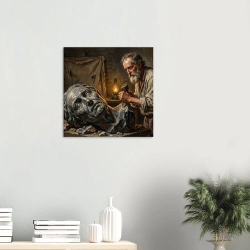 Hung over a white Vase Restored classic portrait style canvas art, master artist in a Renaissance studio with chiaroscuro lighting, 350 gsm archival matte canvas.