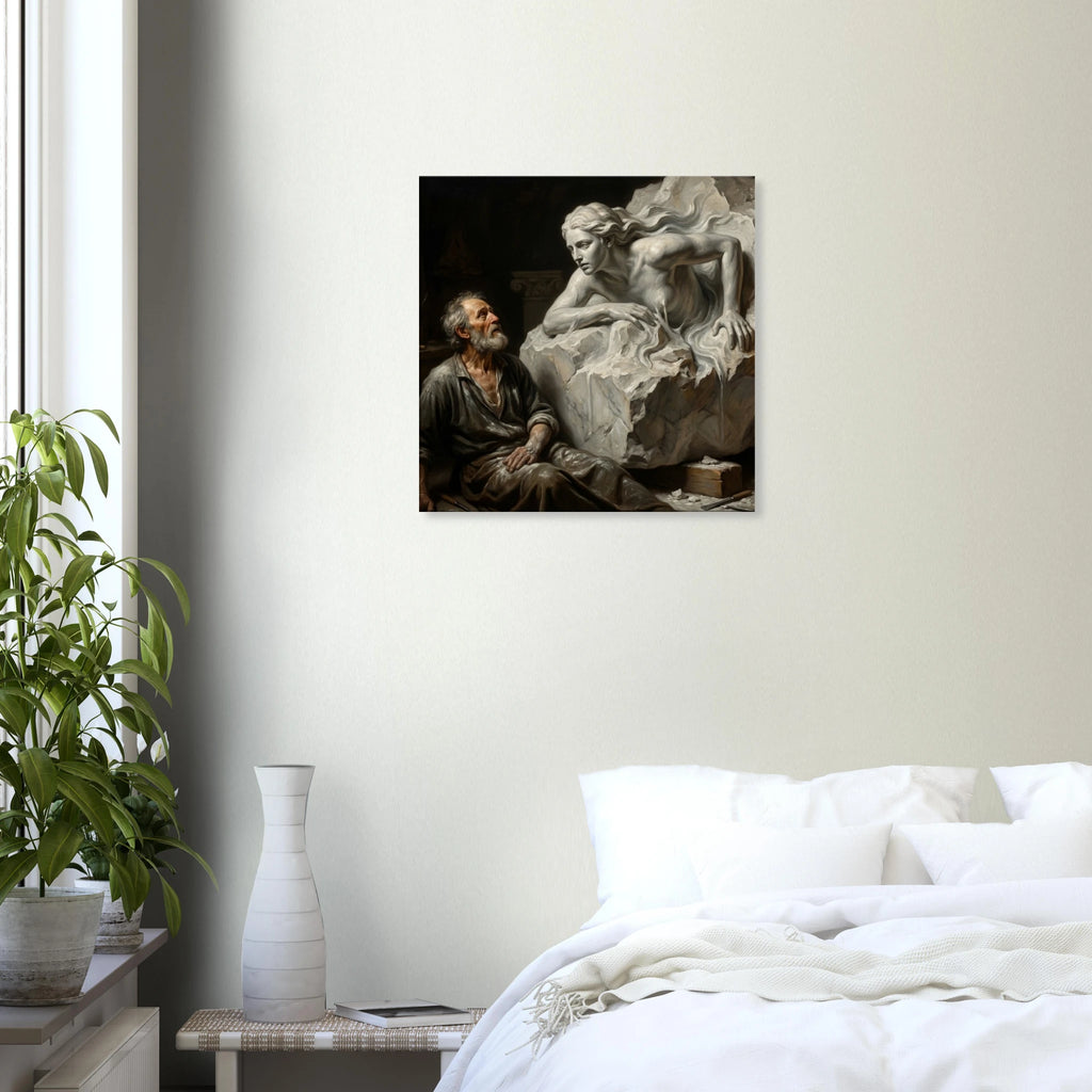 Hung on a white wall with a green plant in the foreground The Creation classical portrait canvas art, artist sculpting stone in chiaroscuro Dutch master style, 350 gsm archival matte canvas print.