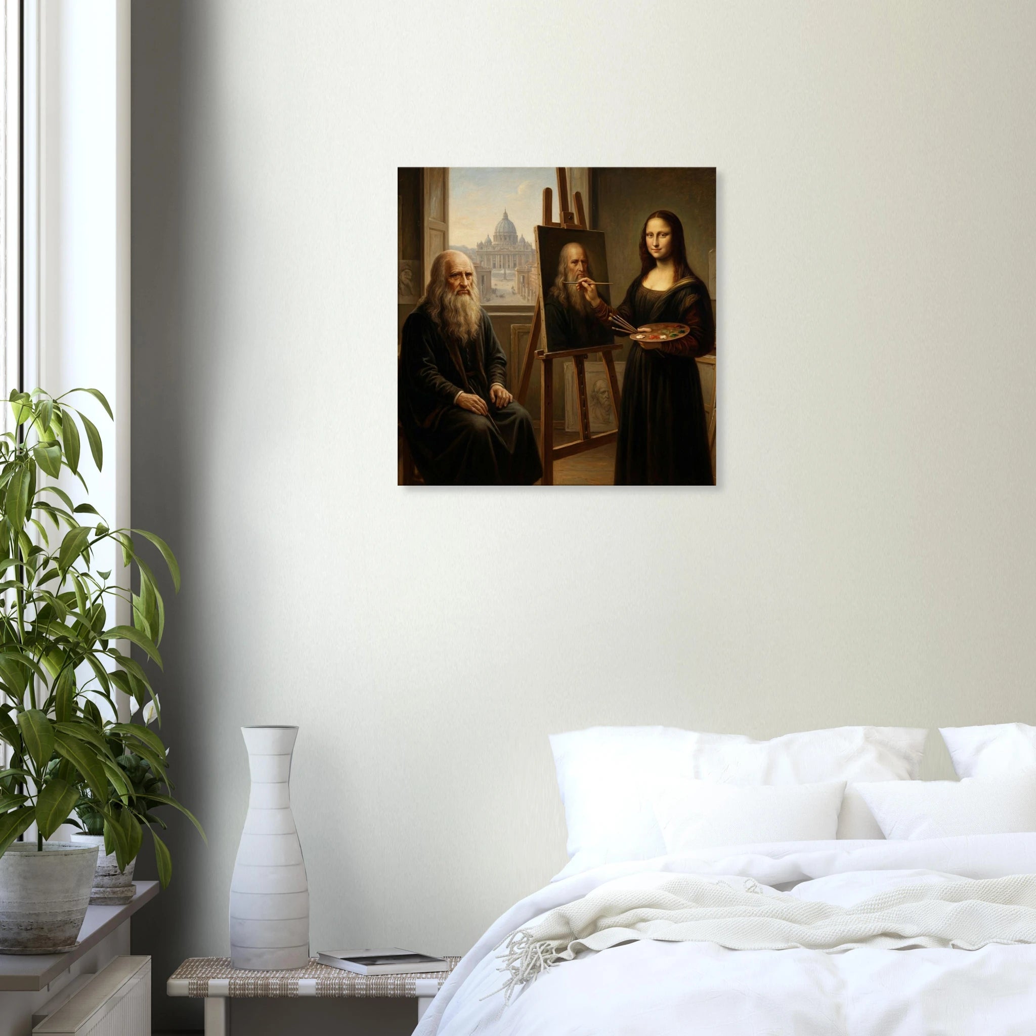 Painting the Master Davinci inspired classical parody, Mona Lisa painting Leonardo da Vinci with St. Peter's Basilica background, 350 gsm matte canvas. Hung over a bed with white sheets.