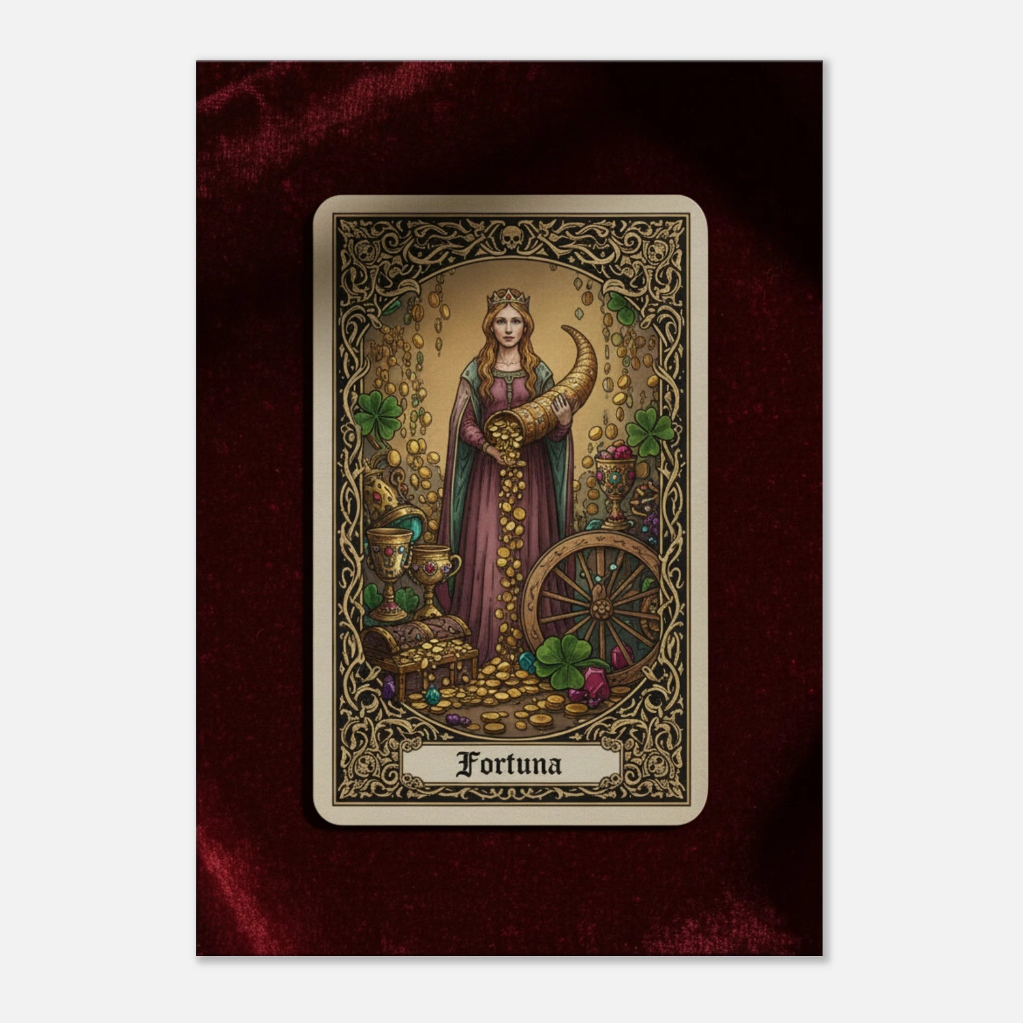 Tarot Fortuna esoteric canvas art, Wheel of Fortune inspired illustration with rich red and gold tones, 350 gsm museum-quality matte canvas.