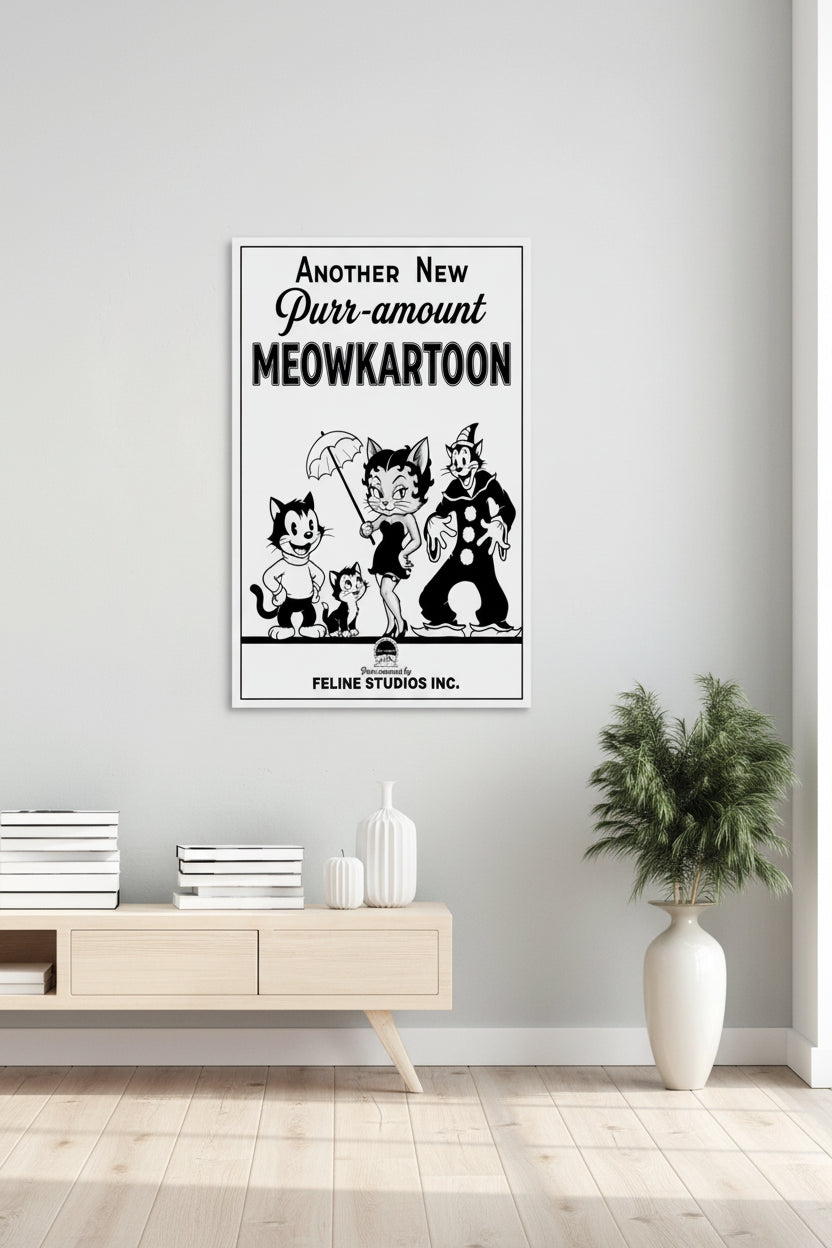 Vintage black and white cartoon-style movie poster titled 'Another New Purr-amount MEOWKARTOON' featuring four illustrated cats in classic rubber-hose animation style, including a cat clown and a cat with an umbrella. Hung on a grey wall over a white table.