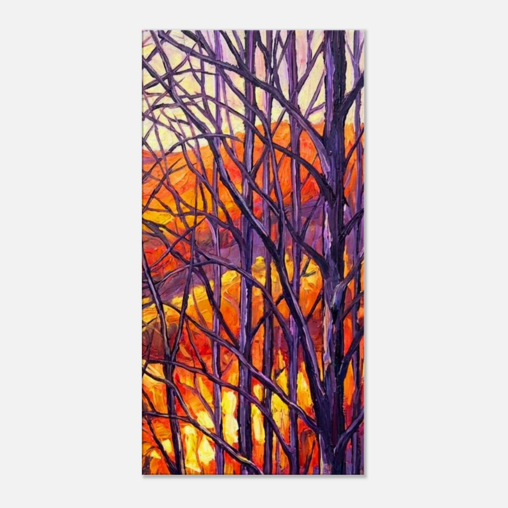 A section of a Triptych depicting bare trees against a colorful background