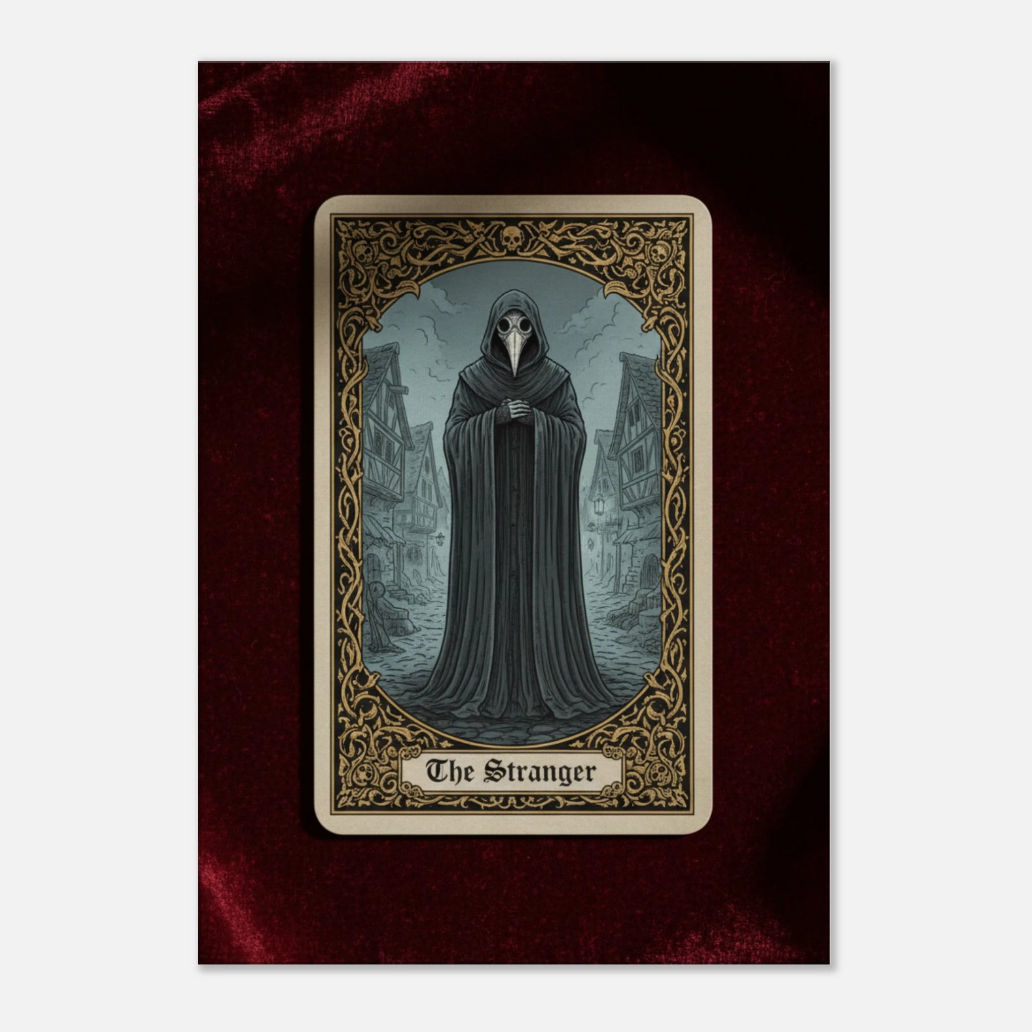 Tarot The Stranger esoteric canvas art, hooded figure in a misty forest at night, 350 gsm museum-quality matte canvas print.