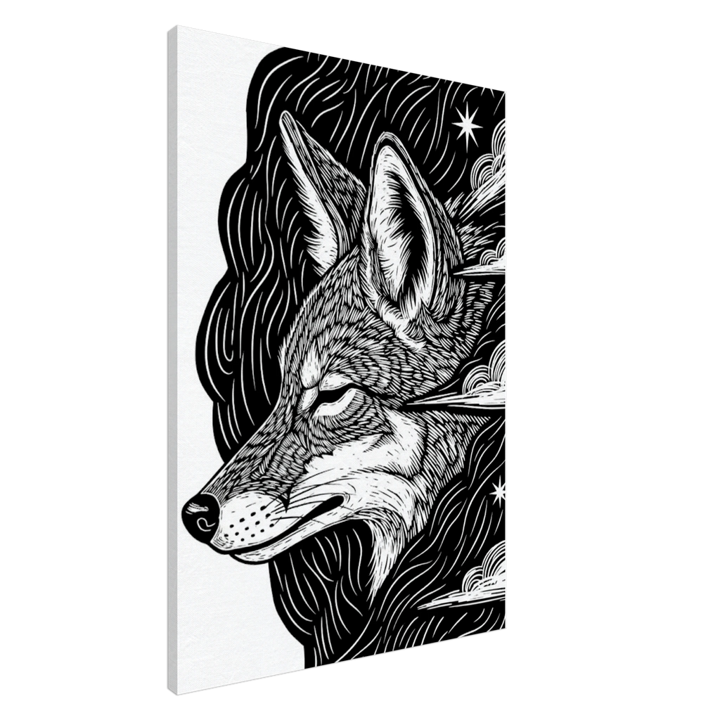 Coyote #1 folk art style canvas print, black and white cyber-folk animal illustration, 350 gsm museum-quality matte canvas wall art.