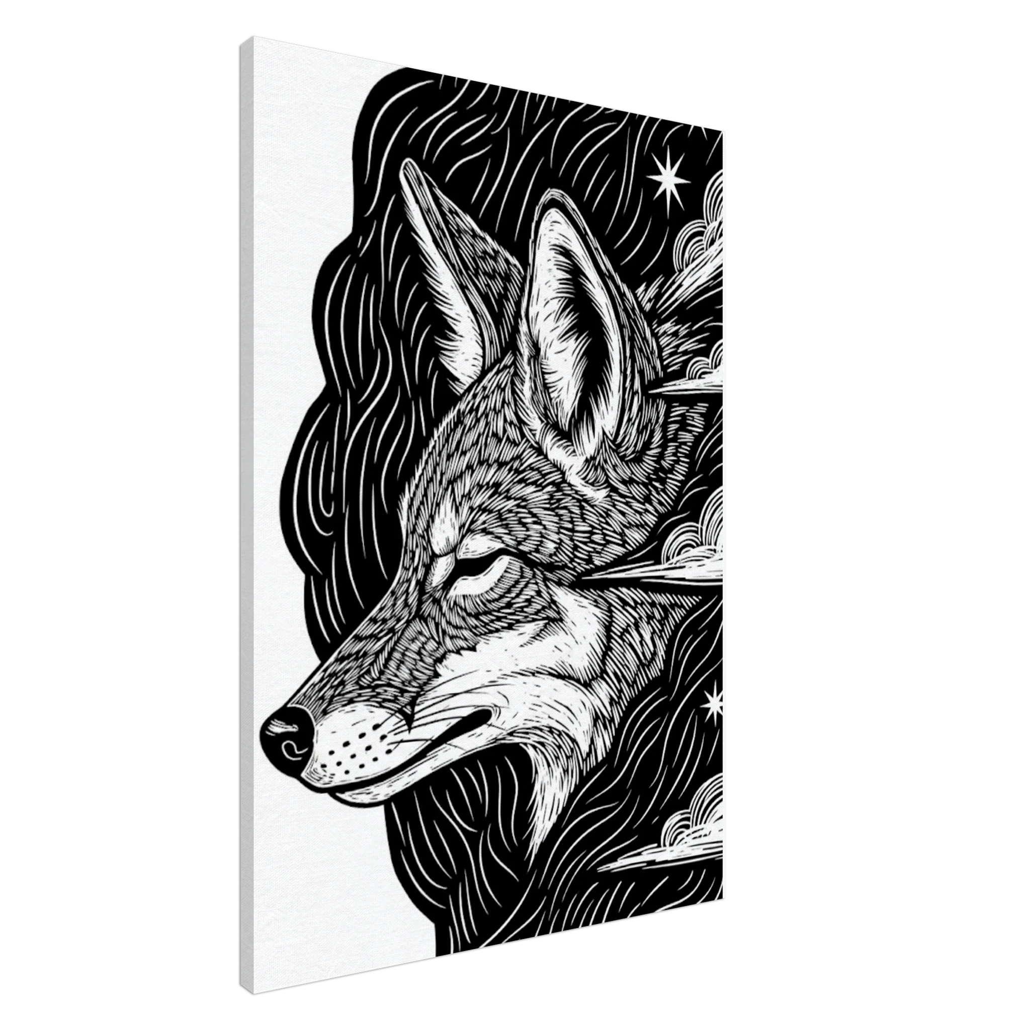 Coyote #1 folk art style canvas print, black and white cyber-folk animal illustration, 350 gsm museum-quality matte canvas wall art.
