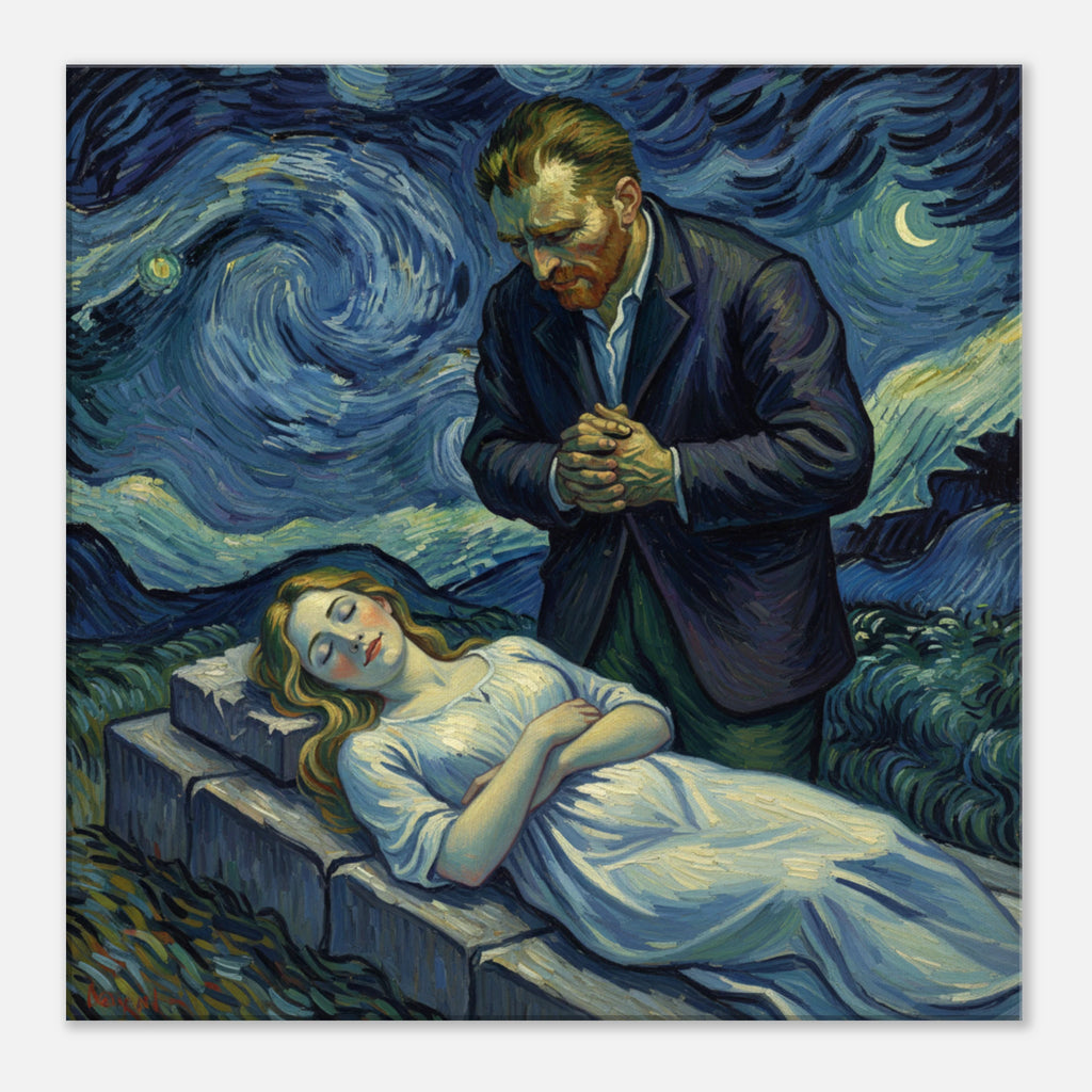 Night Watching Van Gogh inspired impressionist wall art, solitary figure under a swirling starry sky, 350 gsm archival matte canvas print.