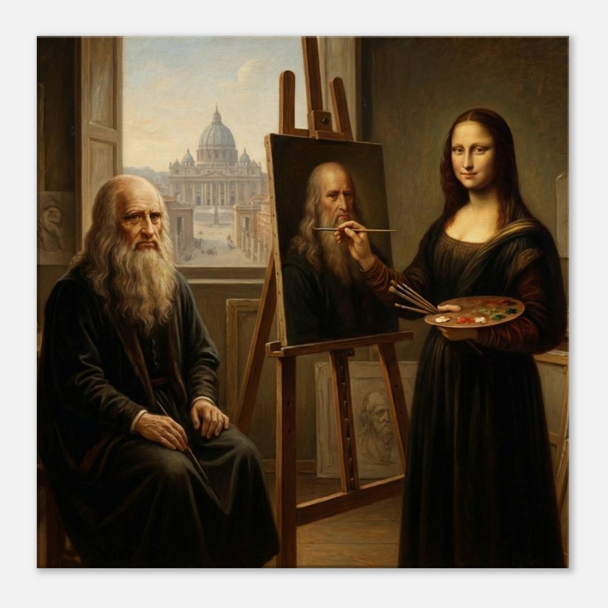 Painting the Master Davinci inspired classical parody, Mona Lisa painting Leonardo da Vinci with St. Peter's Basilica background, 350 gsm matte canvas.