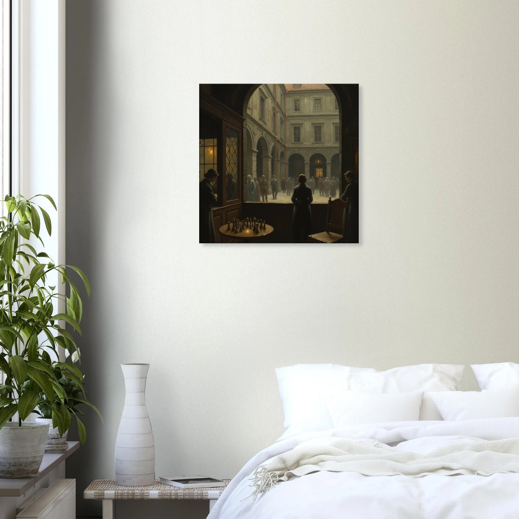Olde Europe neo-classical portrait art, Victorian cafe view of a European courtyard, 350 gsm museum-quality matte canvas print. Hung in a bedroom near a window.
