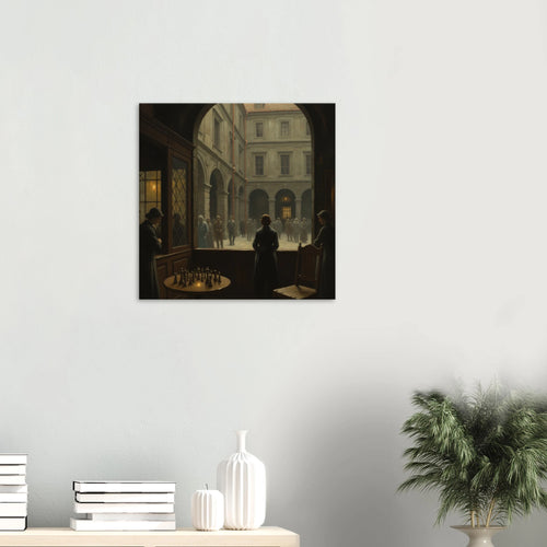 Olde Europe neo-classical portrait art, Victorian cafe view of a European courtyard, 350 gsm museum-quality matte canvas print. Hung over a table and books.