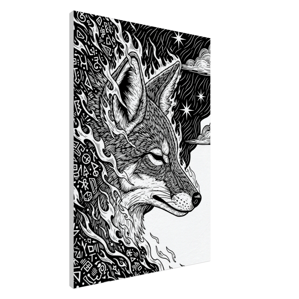 Coyote #3 folk art style canvas print, black and white coyote against a starlit night sky, 350 gsm museum-quality matte canvas wall art.
