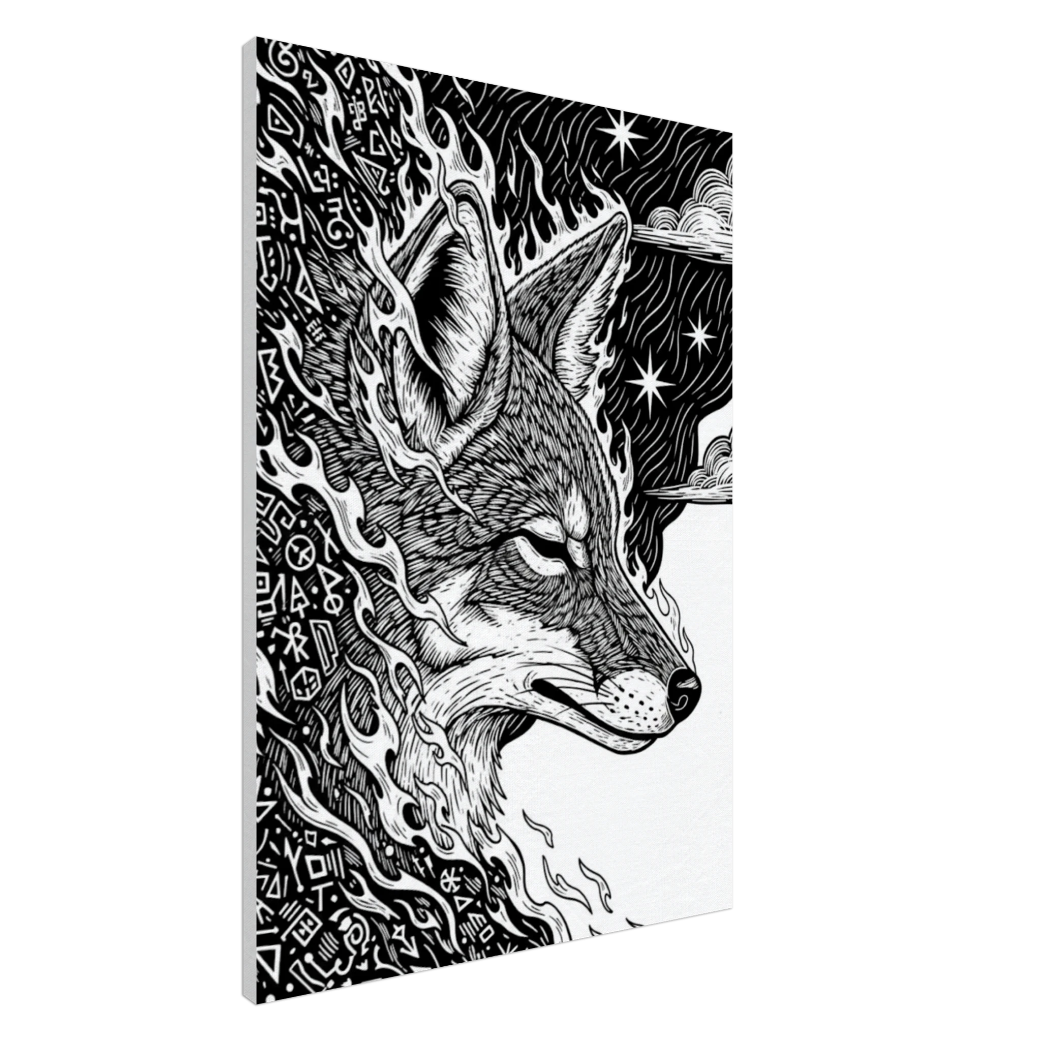 Coyote #3 folk art style canvas print, black and white coyote against a starlit night sky, 350 gsm museum-quality matte canvas wall art.