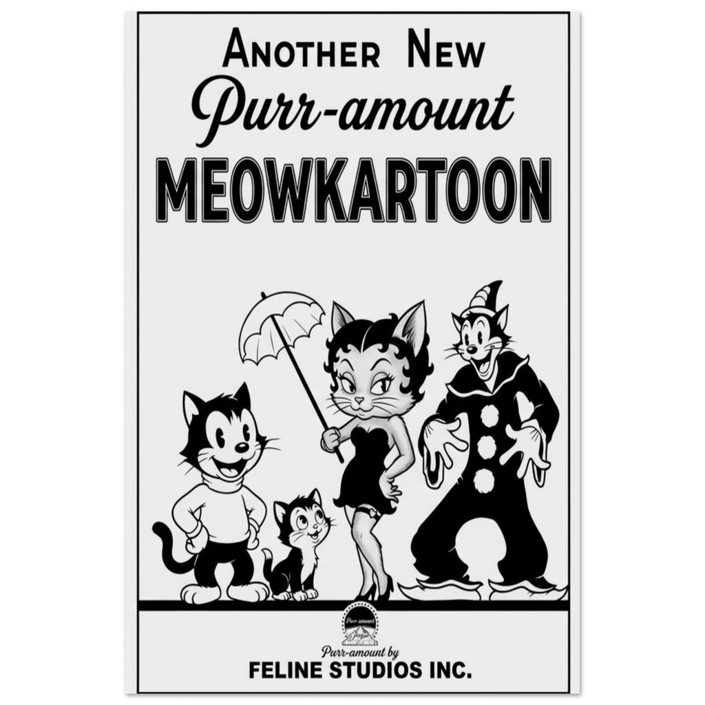 Vintage black and white cartoon-style movie poster titled 'Another New Purr-amount MEOWKARTOON' featuring four illustrated cats in classic rubber-hose animation style, including a cat clown and a cat with an umbrella.