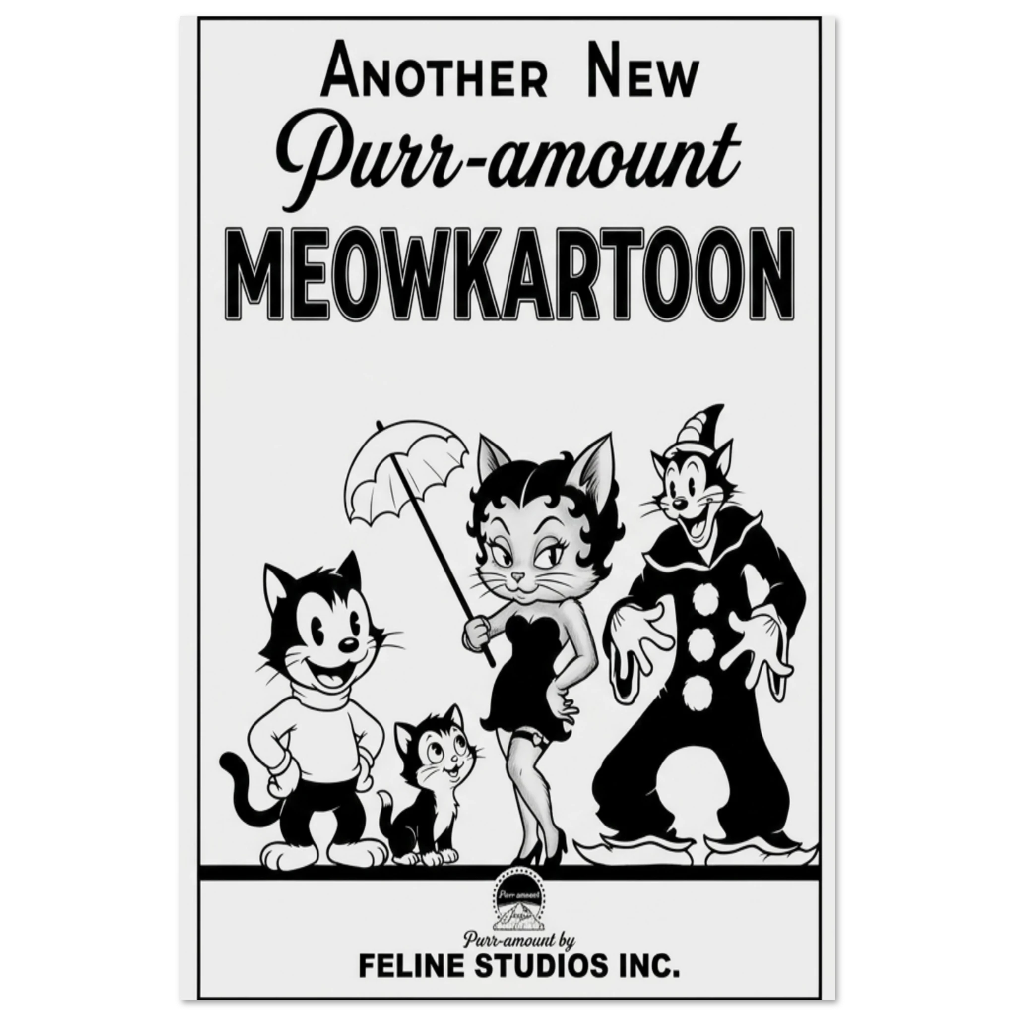 Vintage black and white cartoon-style movie poster titled 'Another New Purr-amount MEOWKARTOON' featuring four illustrated cats in classic rubber-hose animation style, including a cat clown and a cat with an umbrella.