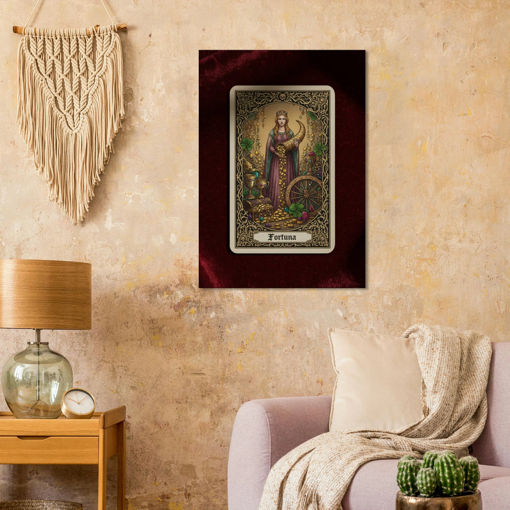Hung near a Pink couch with a beige throw Tarot Fortuna esoteric canvas art, Wheel of Fortune inspired illustration with rich red and gold tones, 350 gsm museum-quality matte canvas.