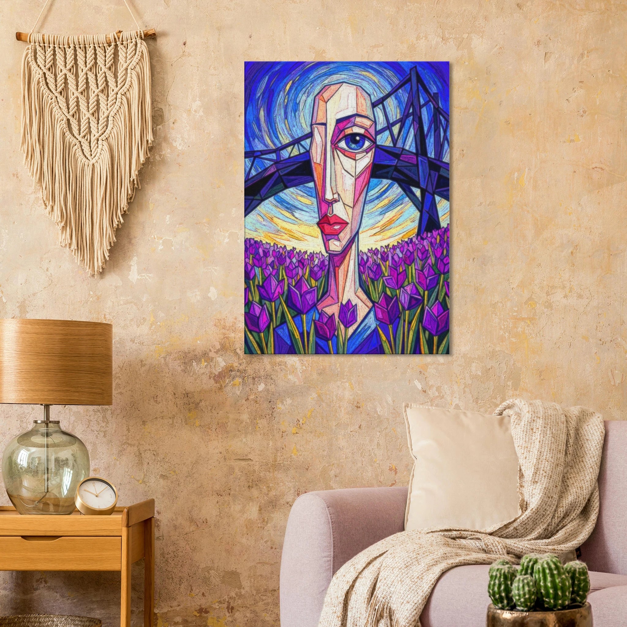 The Chaos of Purple neo-impressionist canvas art, abstract tulip with stained glass style in purple and yellow, 350gsm matte canvas hung on a beige living room wall