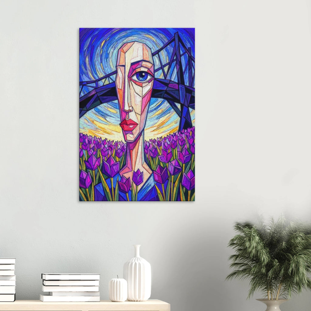 The Chaos of Purple neo-impressionist canvas art, abstract tulip with stained glass style in purple and yellow, 350gsm matte canvas hung over a white table
