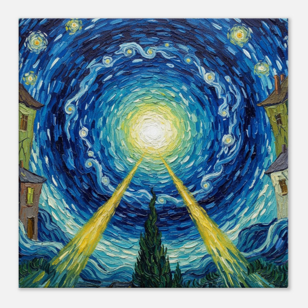 The Still Point Van Gogh inspired impressionist canvas art, swirling yellow sun and blue sky, 350 gsm archival matte canvas print.