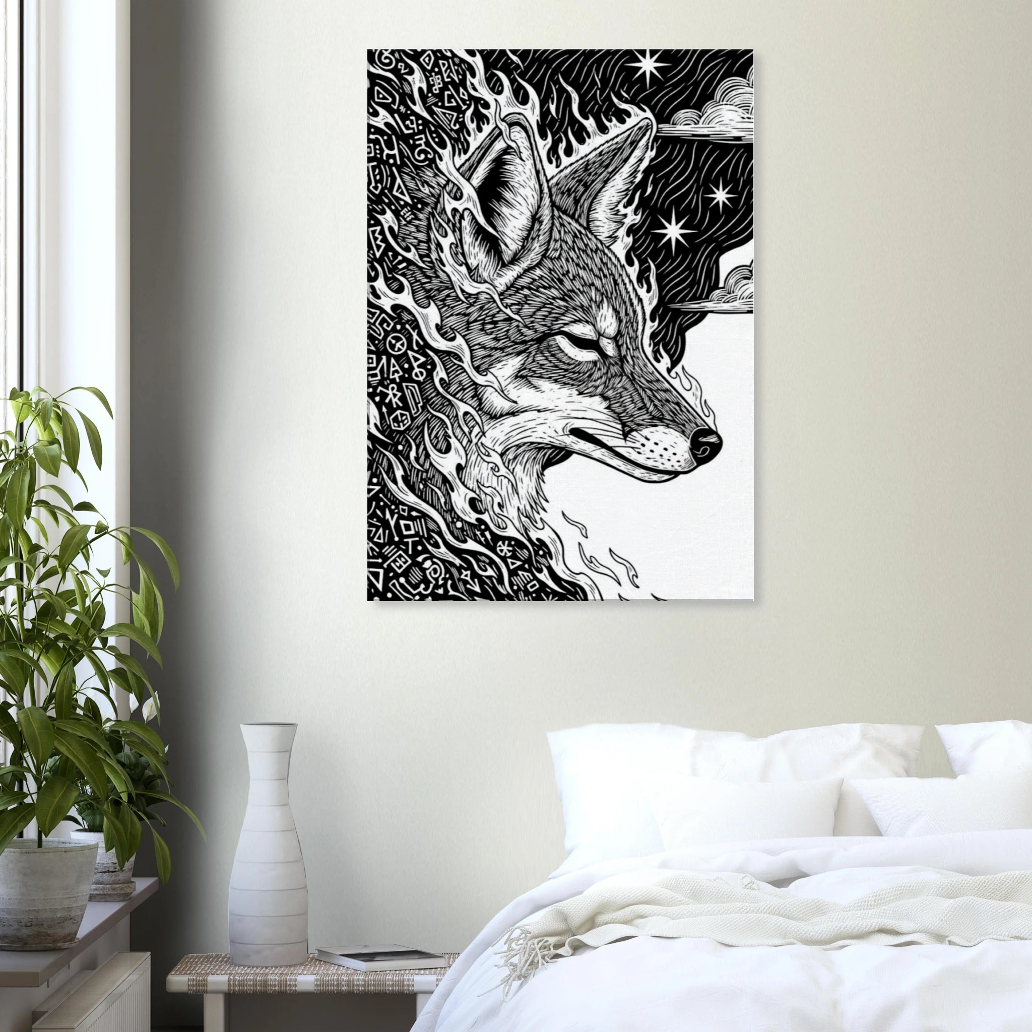 Hung over a bed with white linen  Coyote #3 folk art style canvas print, black and white coyote against a starlit night sky, 350 gsm museum-quality matte canvas wall art.
