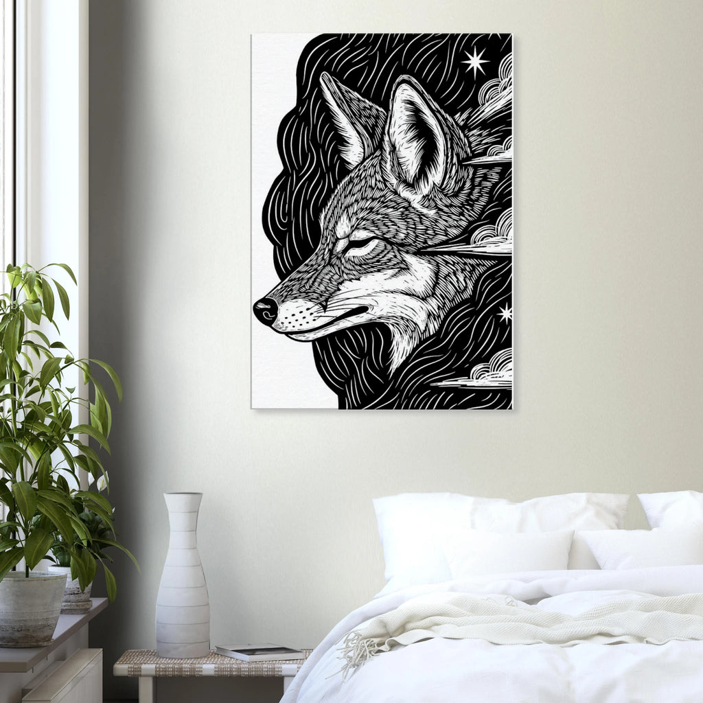 Hung on a bedroom wall Coyote #1 folk art style canvas print, black and white cyber-folk animal illustration, 350 gsm museum-quality matte canvas wall art.