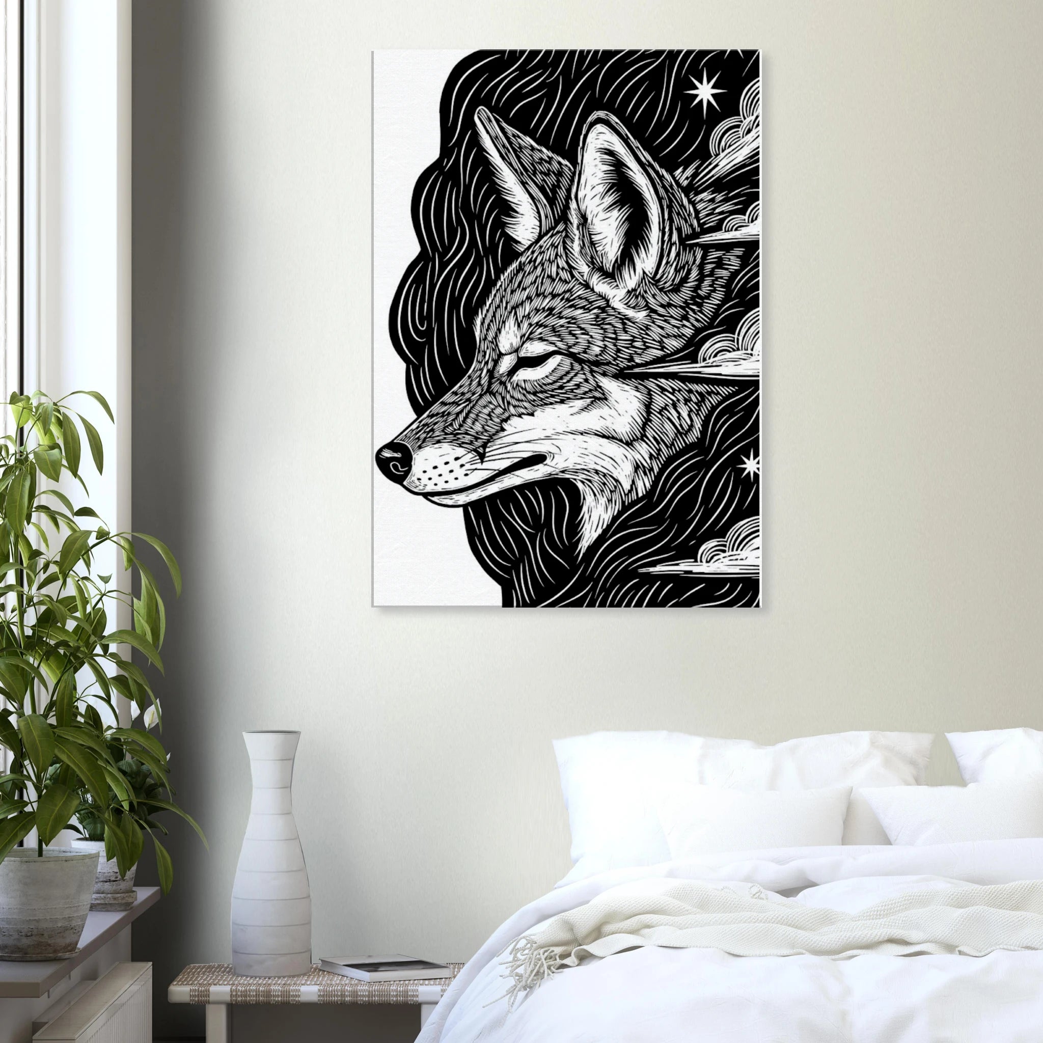Hung on a bedroom wall Coyote #1 folk art style canvas print, black and white cyber-folk animal illustration, 350 gsm museum-quality matte canvas wall art.