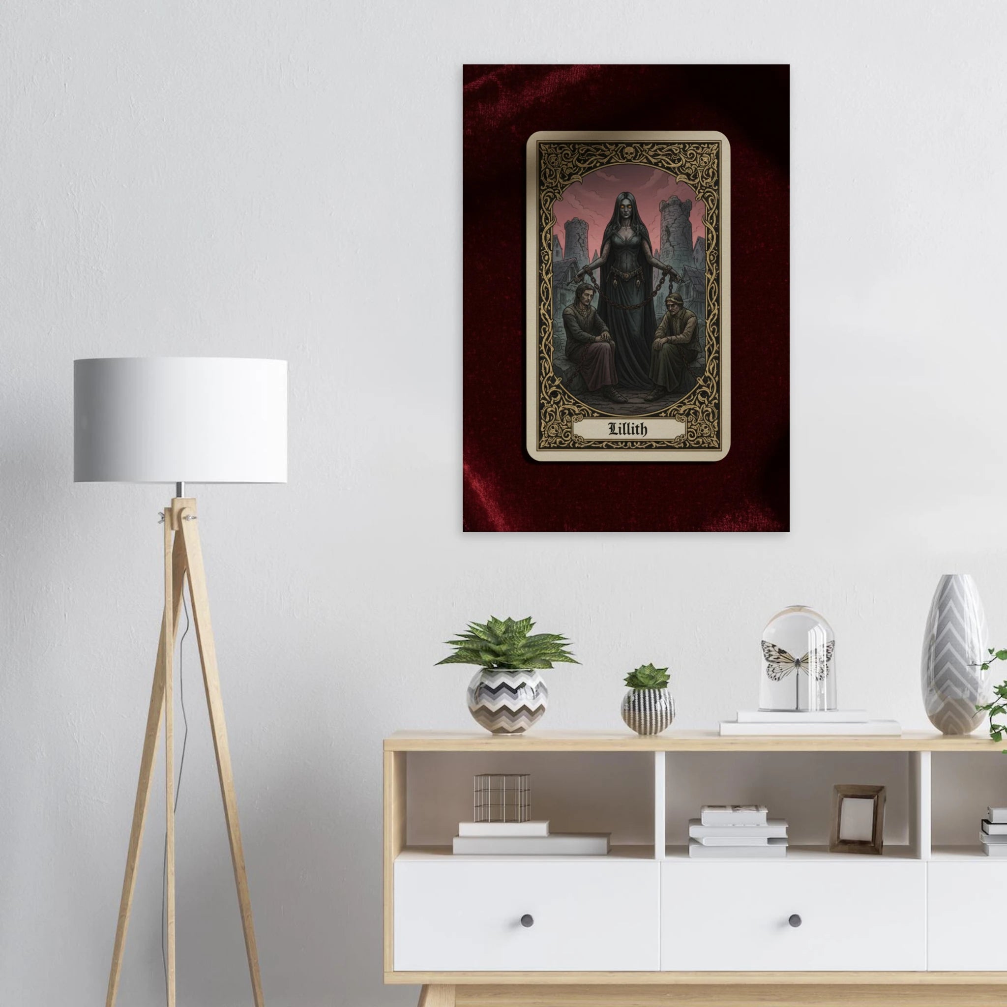 Hung over a modern credenza Tarot Lillith esoteric canvas art, dark feminine archetype in a gothic tarot style, 350 gsm museum-quality matte canvas print