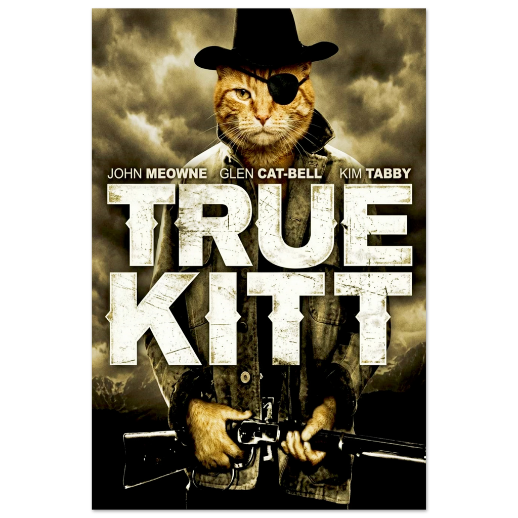 A cinematic movie poster parody titled 'True Kitt' featuring a rugged ginger tabby cat wearing a black cowboy hat and a black eye patch. The cat is shown in a close-up heroic pose against a vintage, textured parchment-style background. Based on the John Wayne Movie "True Grit"