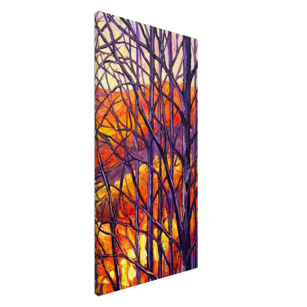 A section of a Triptych depicting bare trees against a colorful background
