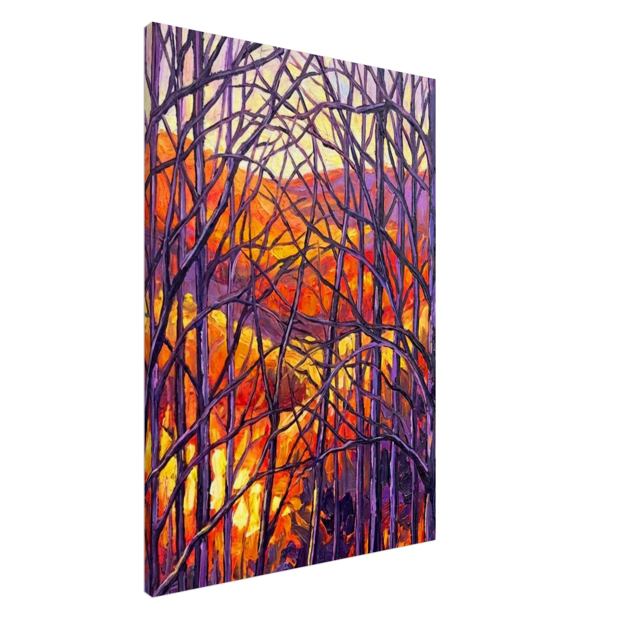 A section of a Triptych depicting bare trees against a colorful background