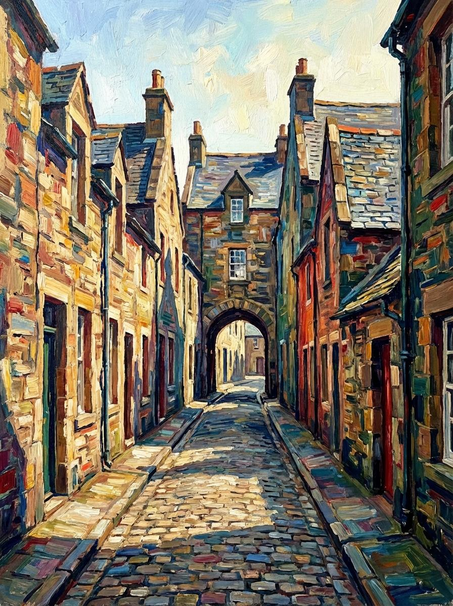 Painting of a narrow street with colorful buildings in a quaint town setting.