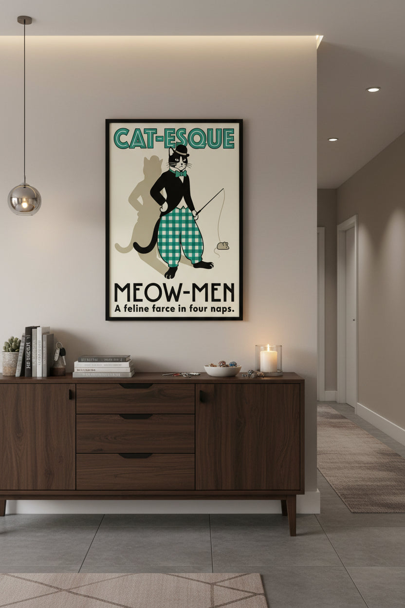 Poster with a cat in formal attire holding a fishing rod, with text 'Cat-esque Meow-Men' on a beige background. Hung in a contemporary setting.