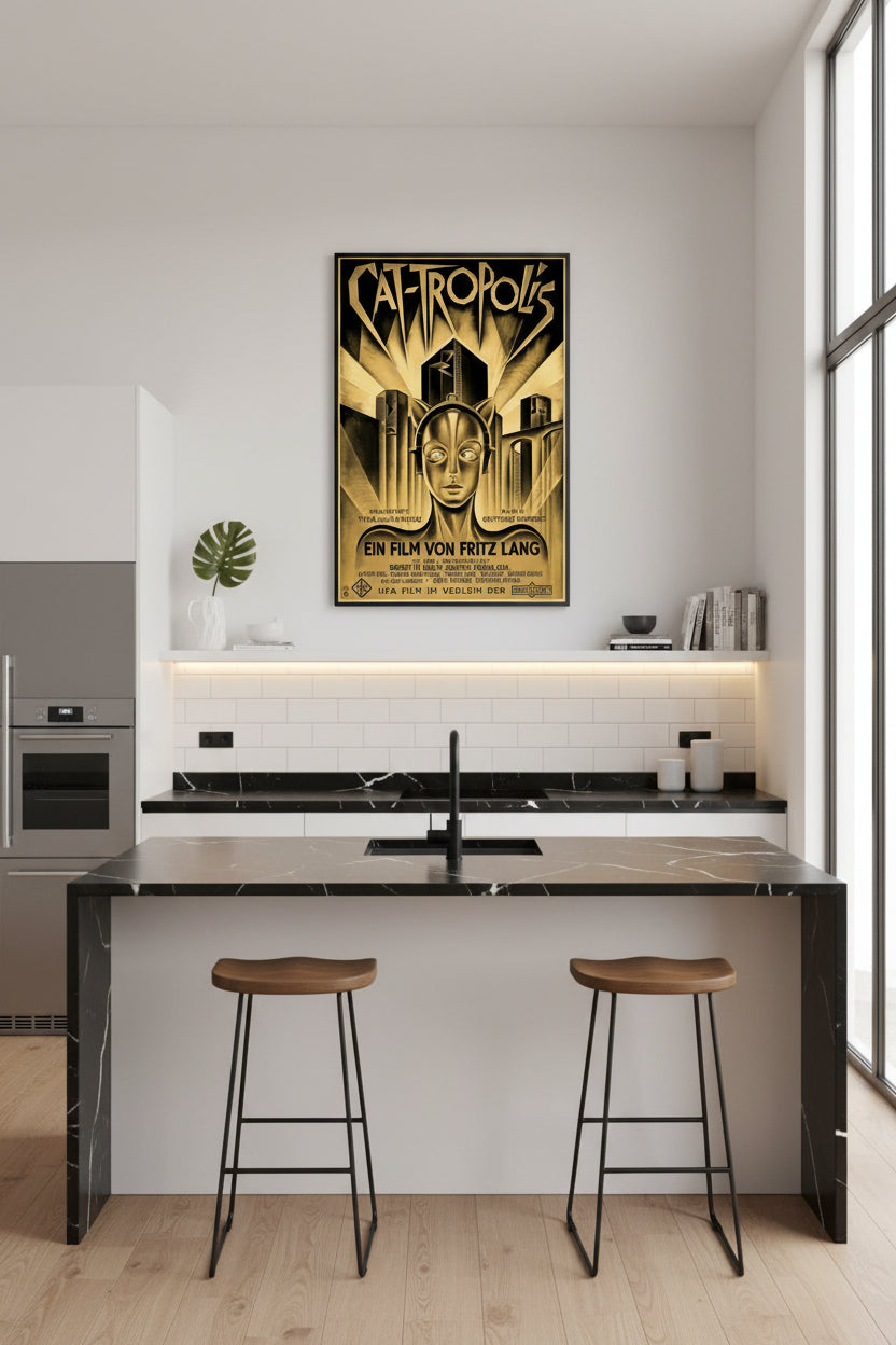 Vintage movie poster for 'Cat-Tropolis' with stylized text and design elements hung over a modern breakfast island.