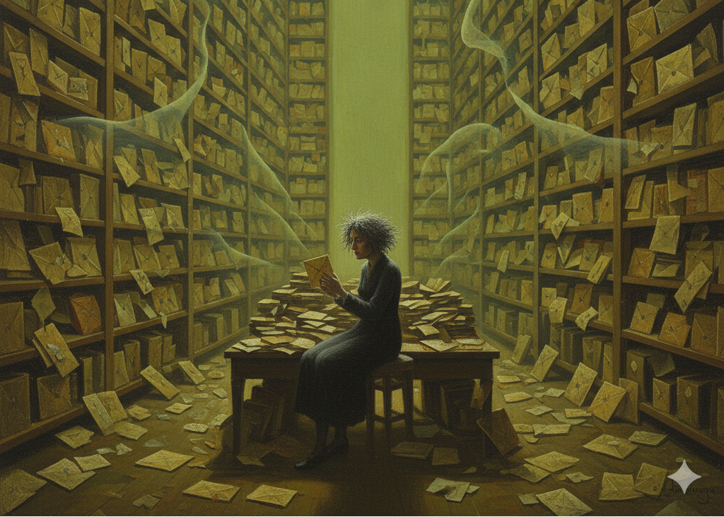 Person sitting on a stool in a room filled with bookshelves and floating papers