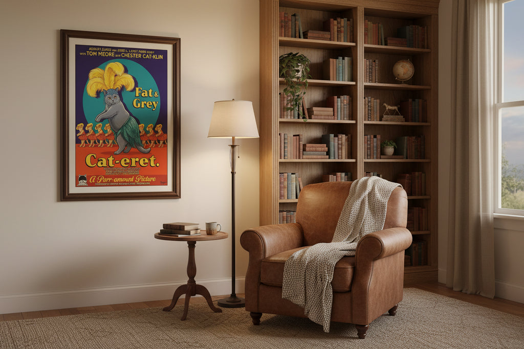 Vintage-style movie poster with a cat character and colorful design hung in a reading room