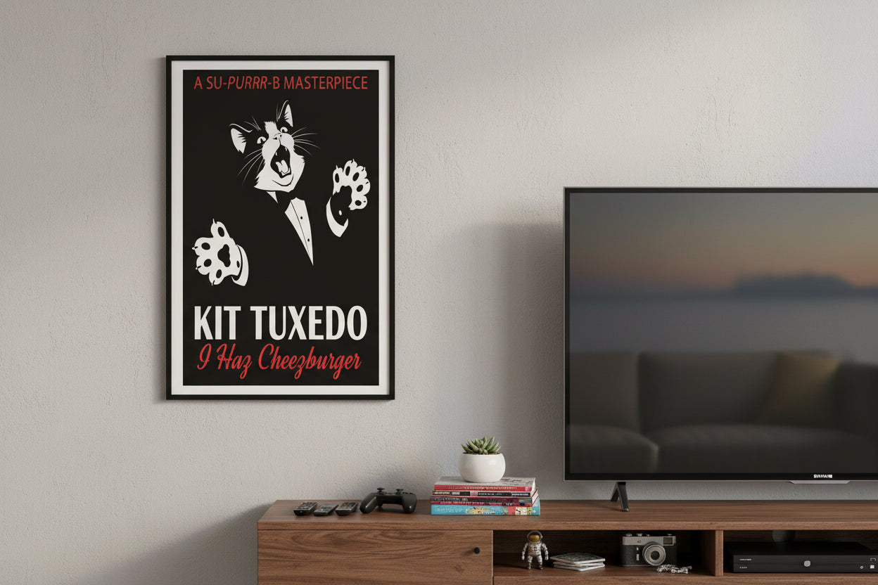Kit Tuxedo stars in "I haz cheezburger" cat meme movie poster 