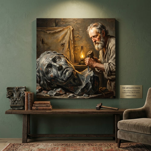 Room interior with a large neo classical portrait print of a man working on a sculpture, books, and a chair.