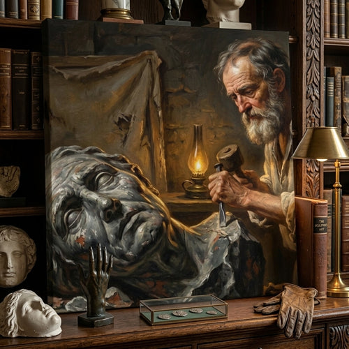 Neo classical portrait depiction of a sculptor working on a marble head set on a mantle with other collectibles.