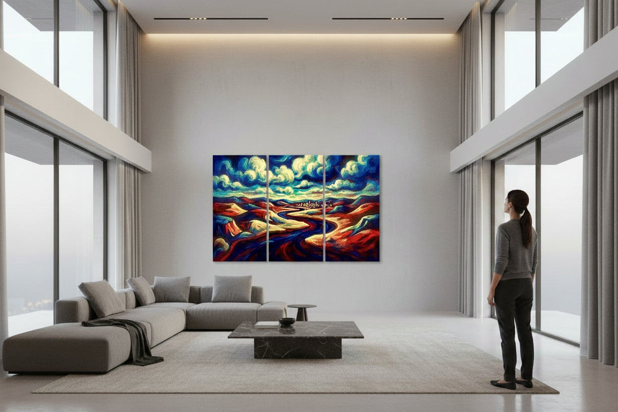 Triptych painting of a landscape with colorful clouds and flowing rivers.