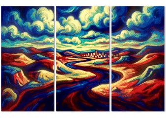 Triptych painting of a landscape with colorful clouds and flowing rivers.
